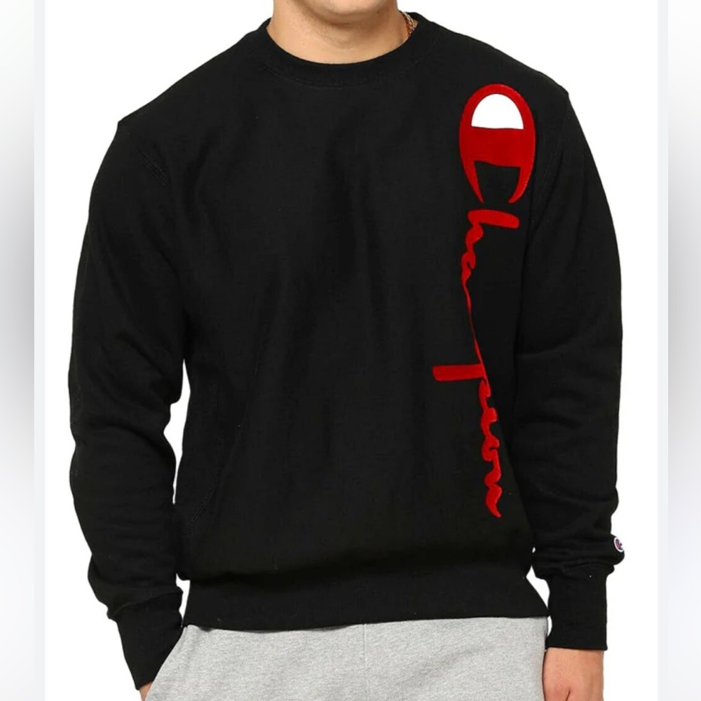 Champion Sweatshirt Men Black Reverse Weave 90s Velvet Script Logo Crew Neck CC